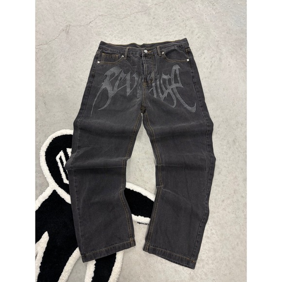 Revenge Other - Revenge Baggy Embroidered Logo Denim Jeans Washed Black XL 34x28 Streetwear